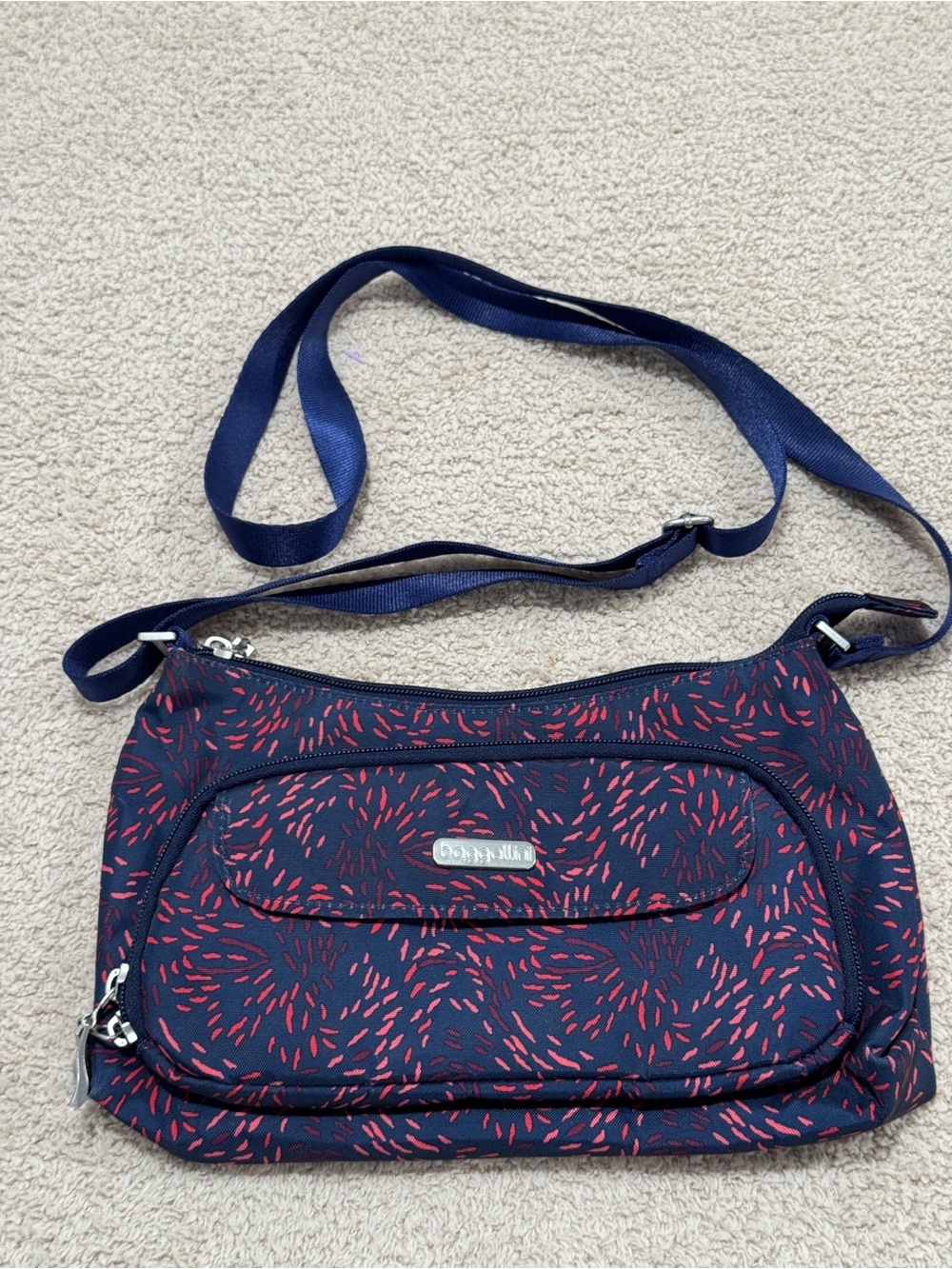 Baggallini Multi‑Zip Crossbody Bag w/ Magnetic Pouch Navy Red Print